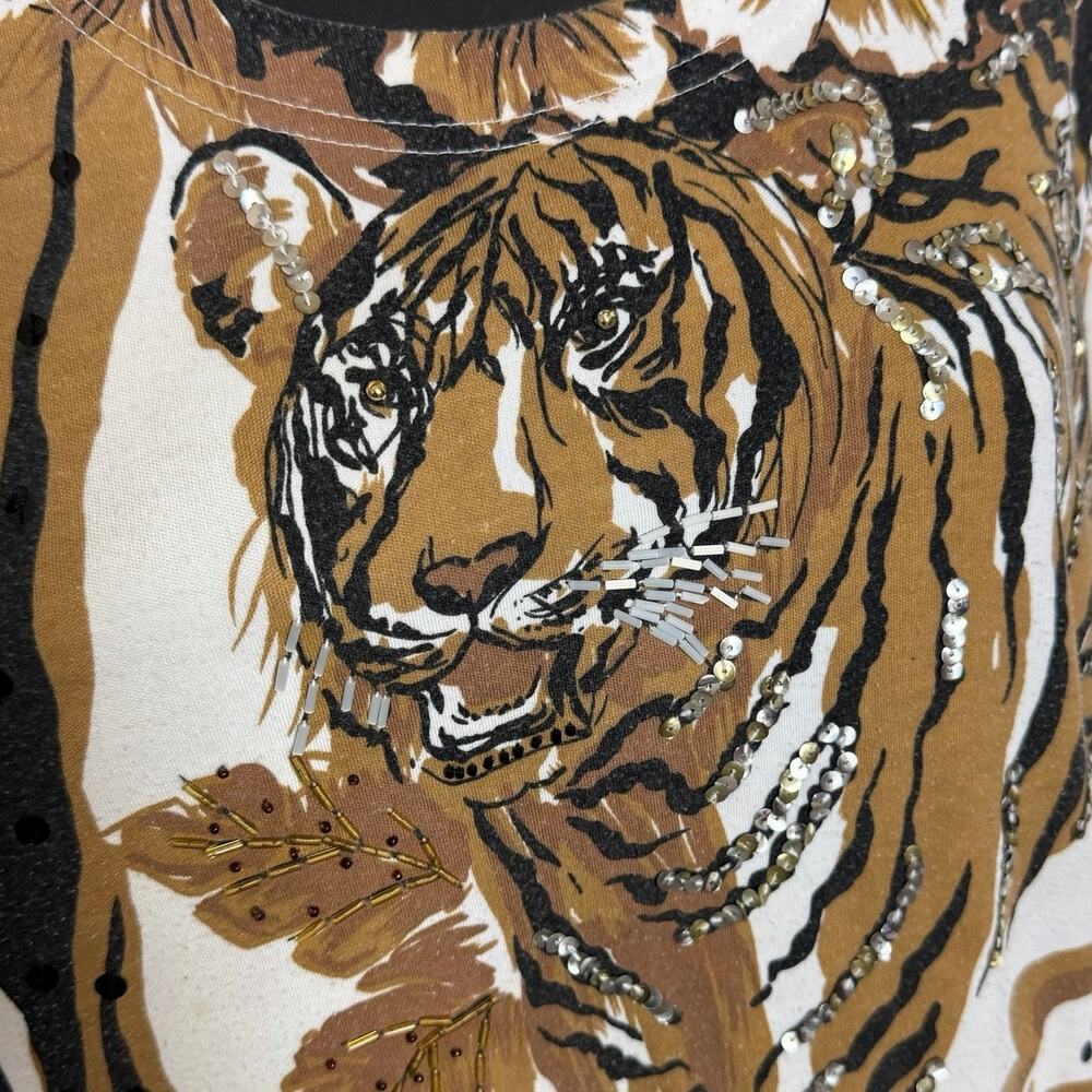 VTG 80s 90s ANIMAL PRINT TIGER LEOPARD TOP T SHIRT BEADED SEQUIN BY LISA INTL M - Picture 3 of 7